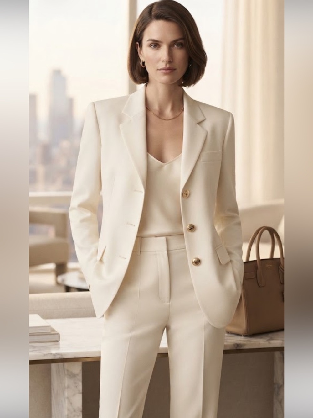 NWT Vintage Basler Longline Ivory Blazer Anchor Buttons Minimalist Quiet Luxury